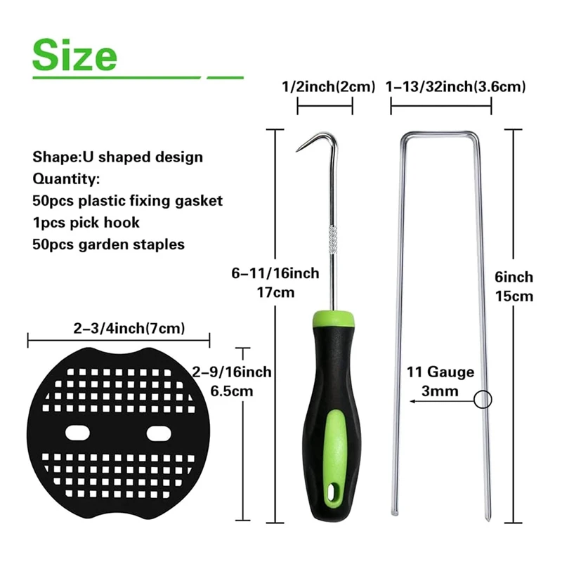 Garden Stakes Staples + 100Pcs Gasket, 6 Inch Lawn Landscape Staples 11 Gauge U Shaped Galvanized Landscape Pins