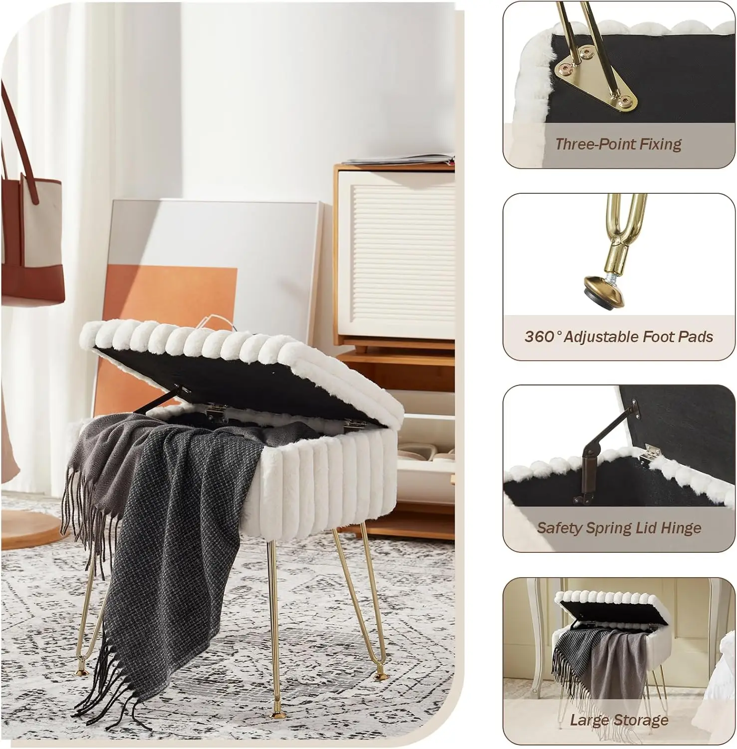 Faux Fur Vanity Stool Chair With Storage, Vanity Stool For Makeup, Foot Stools Ottoman With 4 Metal Legs, Make Up Stool Chair,