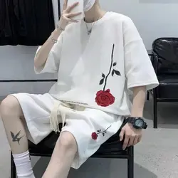 Y2k Korean Fashion Streetwear Hip Hop Rose Casual Short Suit Tshirt 2 Piece Set Summer Tracksuit Men Harajuku Oversize Tee