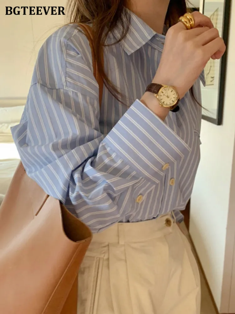 BGTEEVER Elegant Cotton Women Striped Shirts Tops Spring Summer Fashion Loose Single-breasted Female Blouses Casual Ladies Blusa