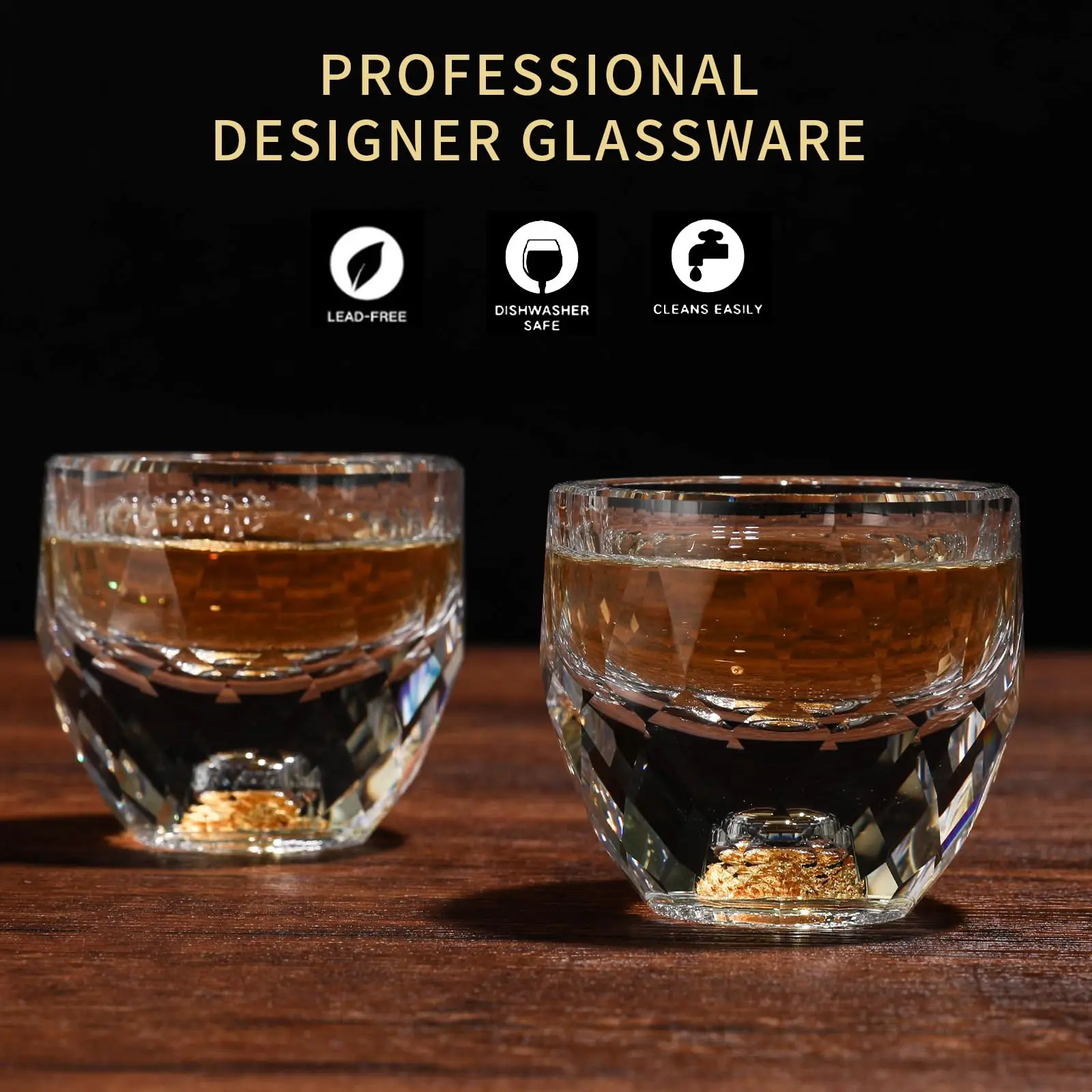 Crystal Shot Glasses Set 1.7oz - Diamond Shot Glasses with 24K Gold Leaf Flakes, BPA-Free & Lead-Free, Handmade, Perfect for Déc