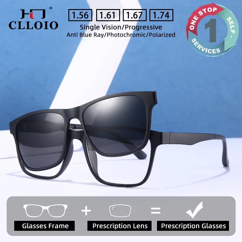 CLLOIO New 5-in-1 Magnetic Clip Sunglasses Men Polarized Myopia Cycling Glasses Prescription Progressive Anti Blue Light Glasses