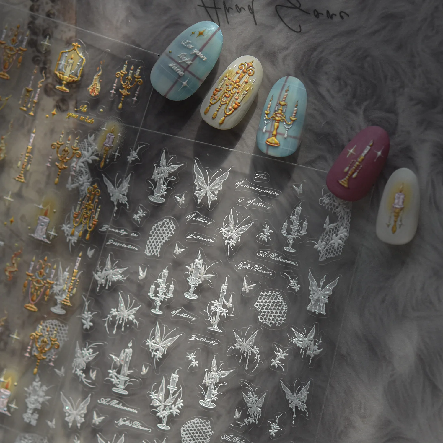 Trendy Butterfly Candlestick Nail Art Accessory Stickers 5D Embossed Nails Stickers Self Adhesive Manicure 3D Decorations Decals