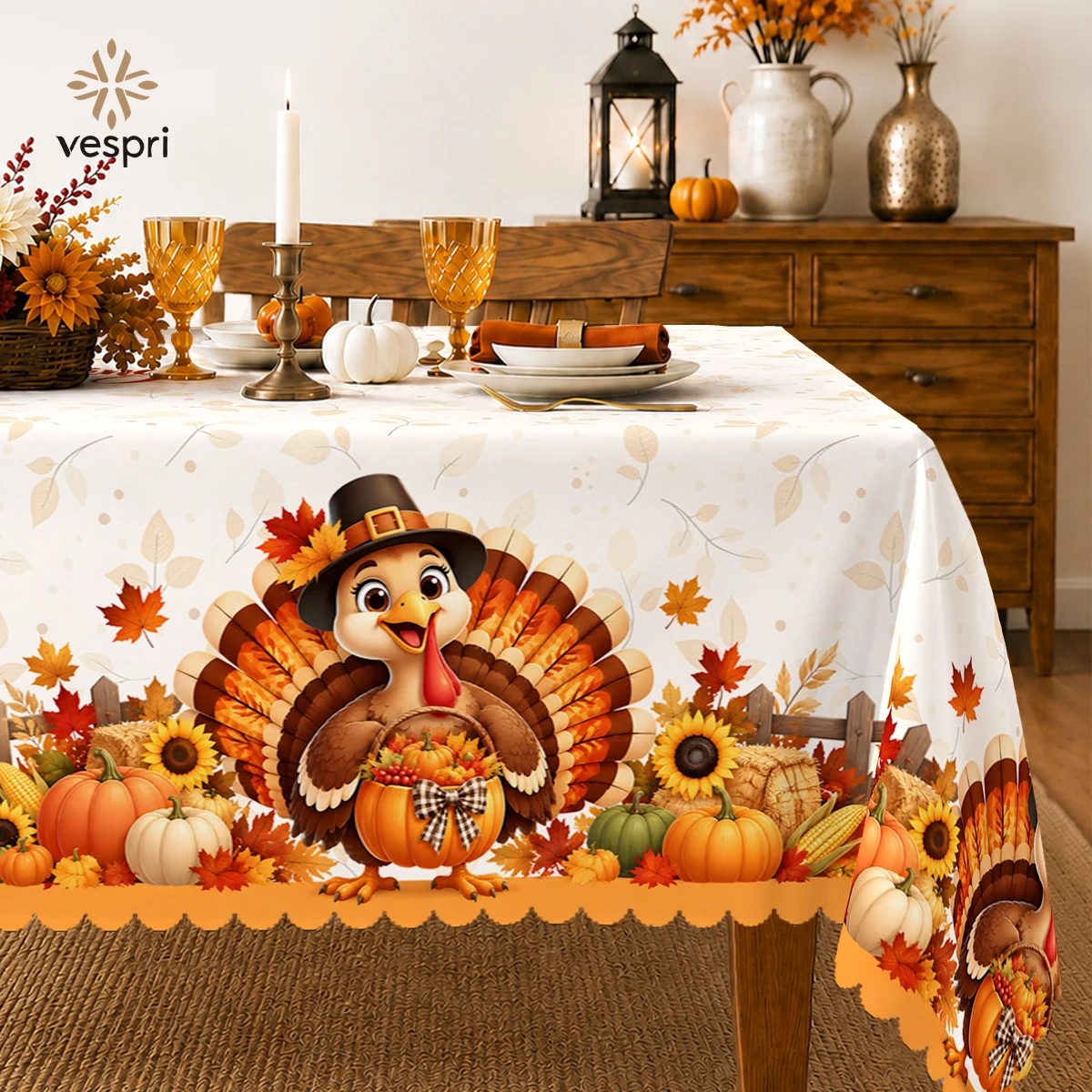 Harvest Tablecloth with Turkeys & Fall Produce for Indoor/Outdoor Camping decor, Rectangular/Round/Oval