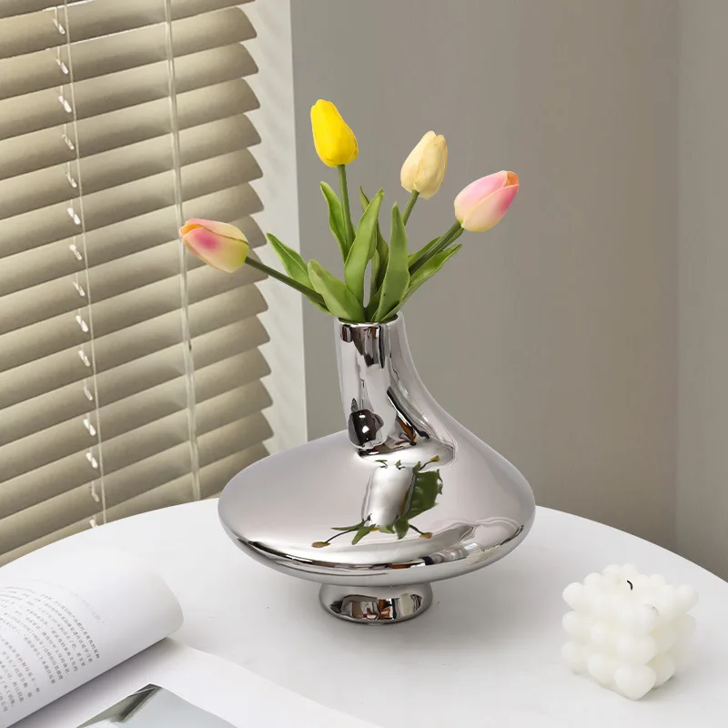 Nordic Plating Silver Vase Dried Flower Ornaments Electroplated Ceramic Vase Model Vases Living Room Home Decoration Gift