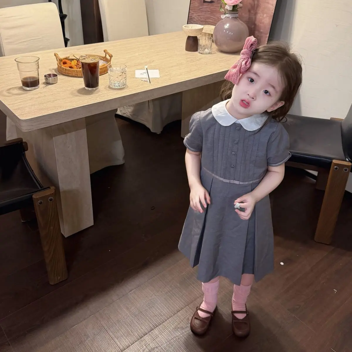 Girls' Spring and Summer Dress 2026 New Children's Grey High Grade Doll Neck Princess Dress