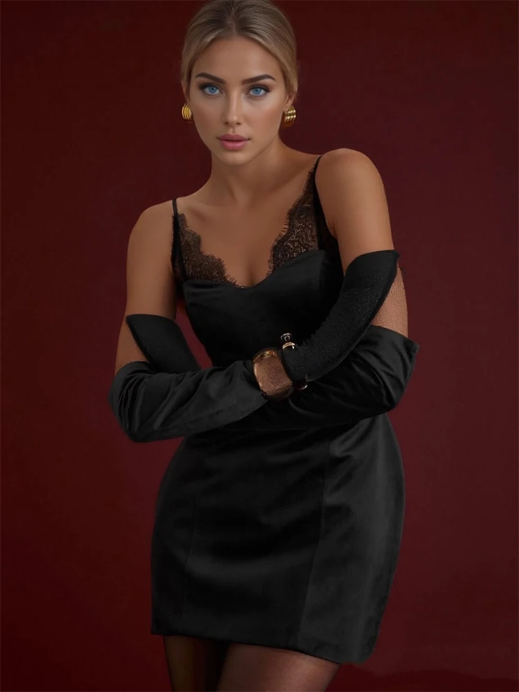 Vestido negro elegante de encaje con tirantes para mujer, minivestido de satén sin mangas con hombros descubiertos y espalda descubierta, vestidos de fiesta de noche para mujer 2026