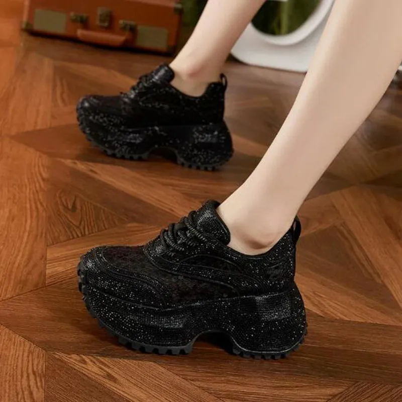 Zapatillas de Plataforma Alta de 9 cm con Malla Transpirable y Cuero Genuino, Botines de Verano con Brillos, Botas Cómodas de Marca de Alta Gama para Mujer