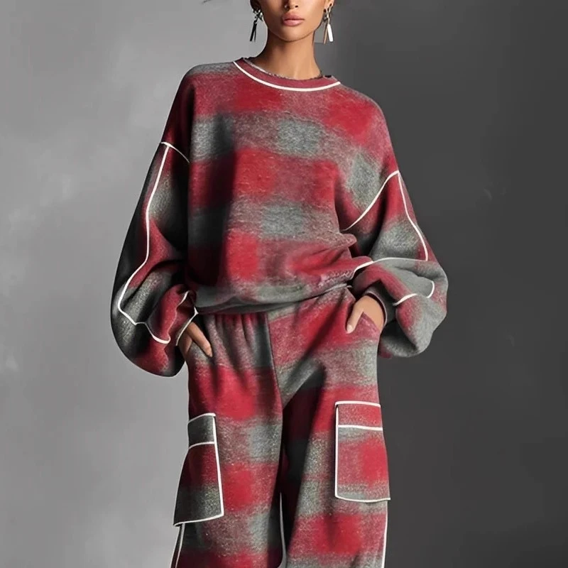 

Женский повседневный комплект из 2 предметов с длинными рукавами и карманами, элегантный свободный костюм в клетку с контрастным принтом, модный комплект из толстовки с круглым вырезом, топы и брюки