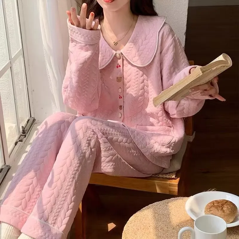 Thickened Pure Cotton Sleepwear Women's Style Home Clothes Long Sleeve Long Pants Home Leisure Suit Four Seasons Universal