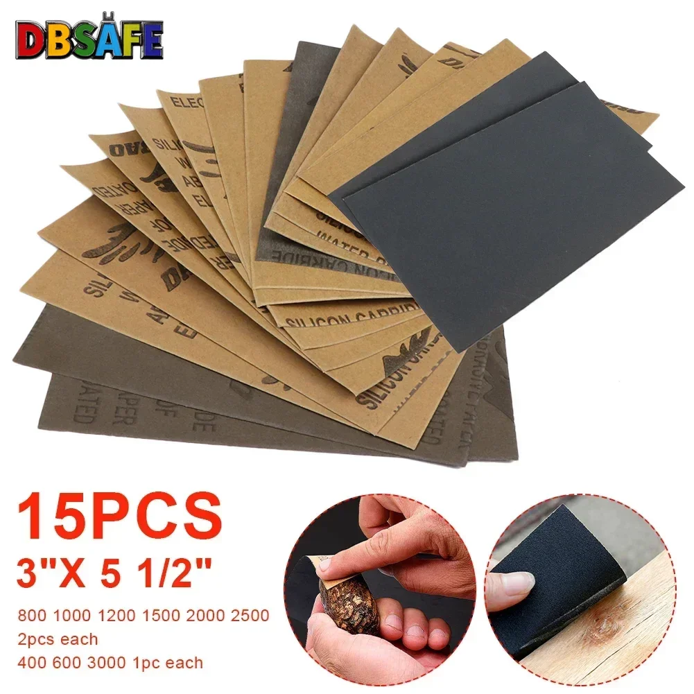 Juego de 15 Uds de papel de lija seco y húmedo, papel de pulido abrasivo de grano 400-3000, Kit de lijado de reparación de muebles de coche de Metal y madera