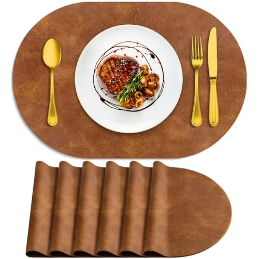 

Heat Resistant Oval Placemats Set of 6 12 x 17 Inch Waterproof Wipeable Pu Table Mats for Kitchen Dining Room Turmeric Brown