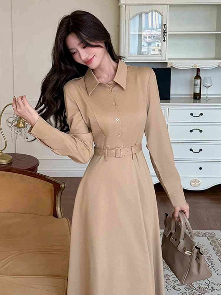여성 패션 우아한 롱 셔츠 드레스 캐주얼 폴로 칼라 벨트 스윙 맥시 로브 여성 스트리트웨어 작업복 오피스 레이디 신상