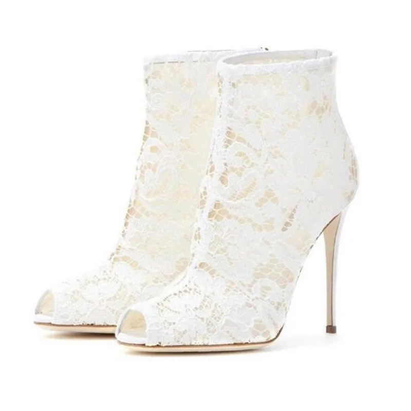 

Sexy Open Toe White Lace Ankle Booties Women'S Back Zip Stiletto Heels Women Short Boots Modern Female Footwears