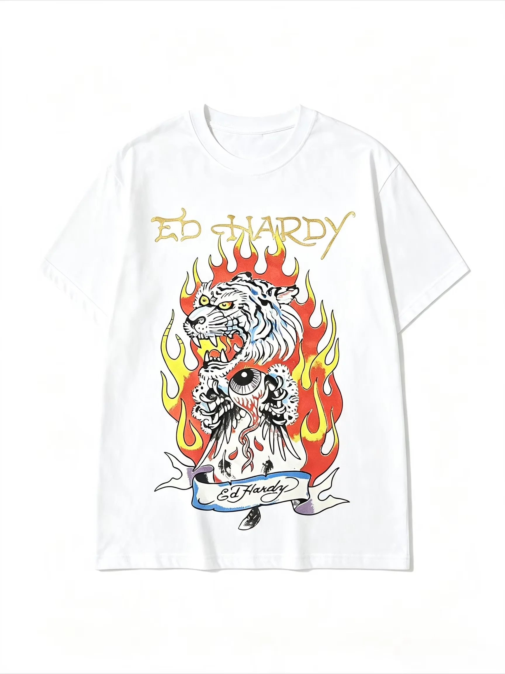 2026 New Y2K Aesthetic Retro Ed Hardy Flame Tiger American Tattoo Graphic Pattern High-Quality Comfortable Unisex Summer T-Shirt