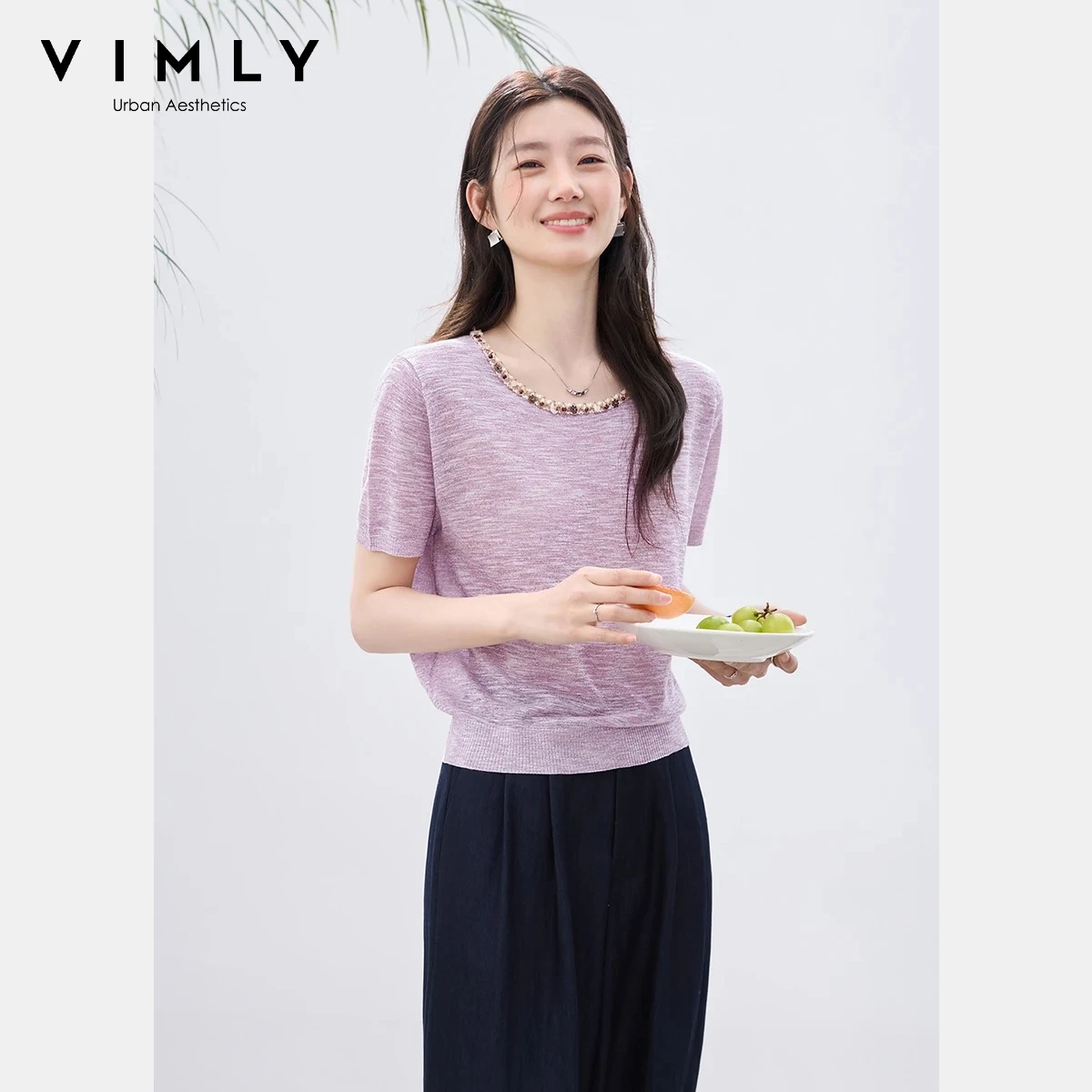 

VIMLY Women's Knit Short Sleeve T-Shirt 2026 Summer New Fancy Yarn Ice Silk Handmade Beaded Ribbon Crew Neck Casual Top 75360