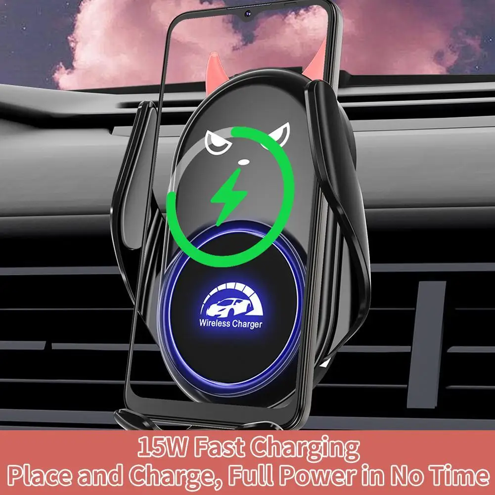 15W Wireless Fast Charger Car Mount Cartoon Devil Phone Holder Automatic Clamping for iPhone GPS