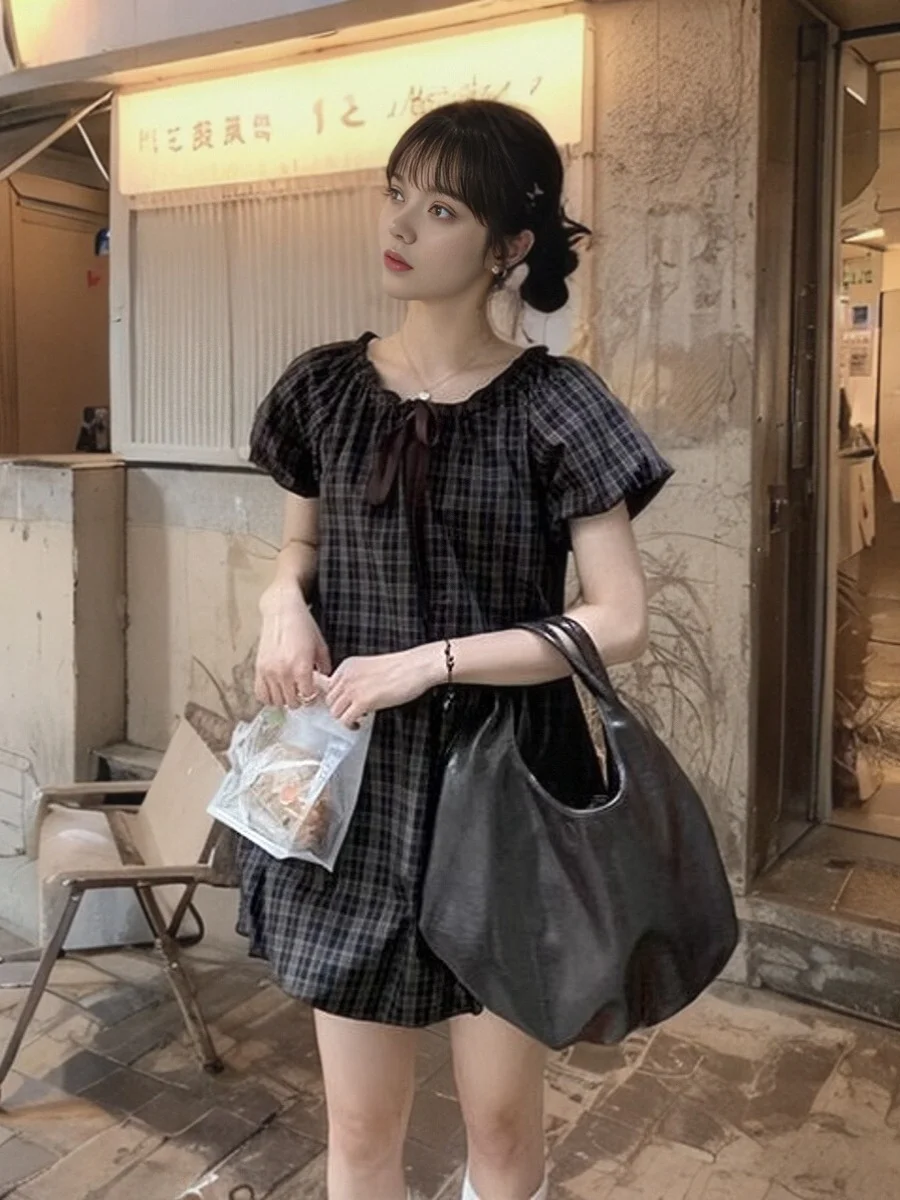 Sweet American Style Floral Print Bubble Sleeve Pleated Skirt Dress High Waist Short Sleeve Commuter Friendly Summer New Arrival