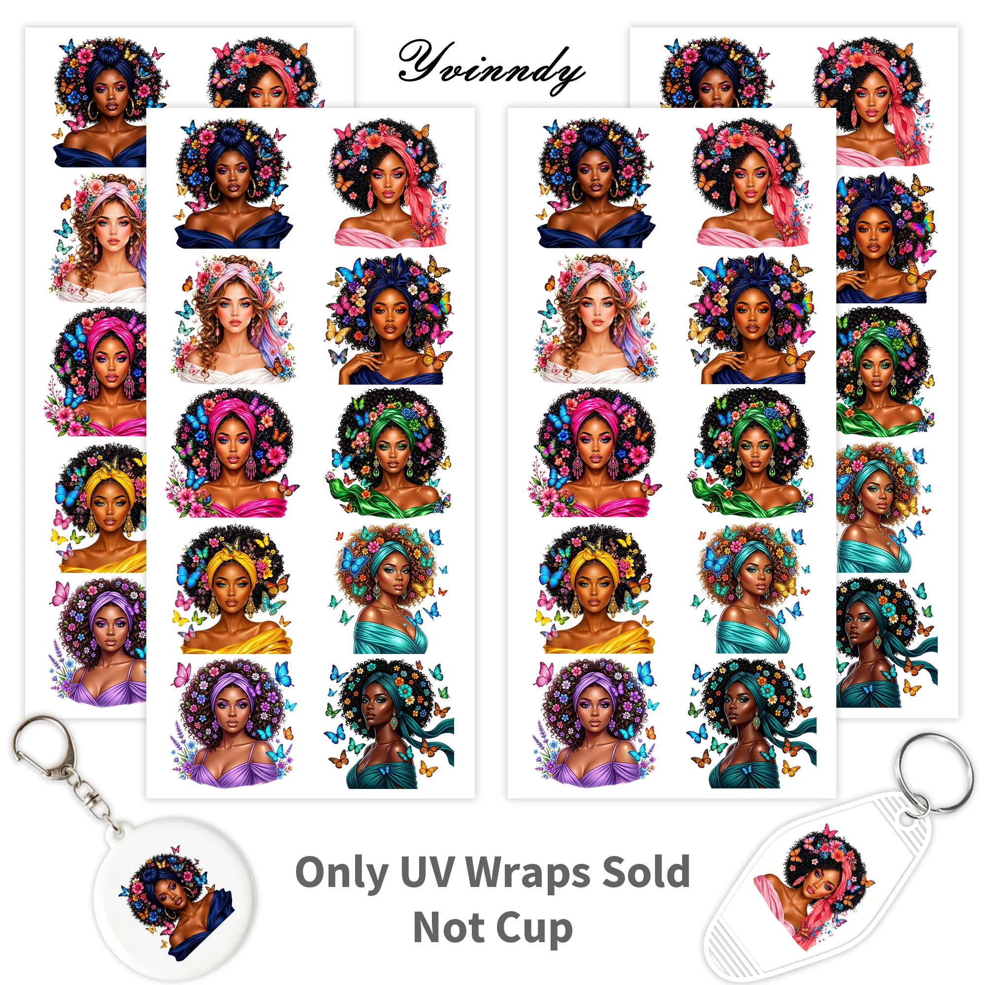 40 Stück/Set Afro Queen Floral Clipart UV DTF Becheraufkleber – Hochviskose UV DTF Becheraufkleber können auf Glas oder 16OZ-Bechern verwendet werden