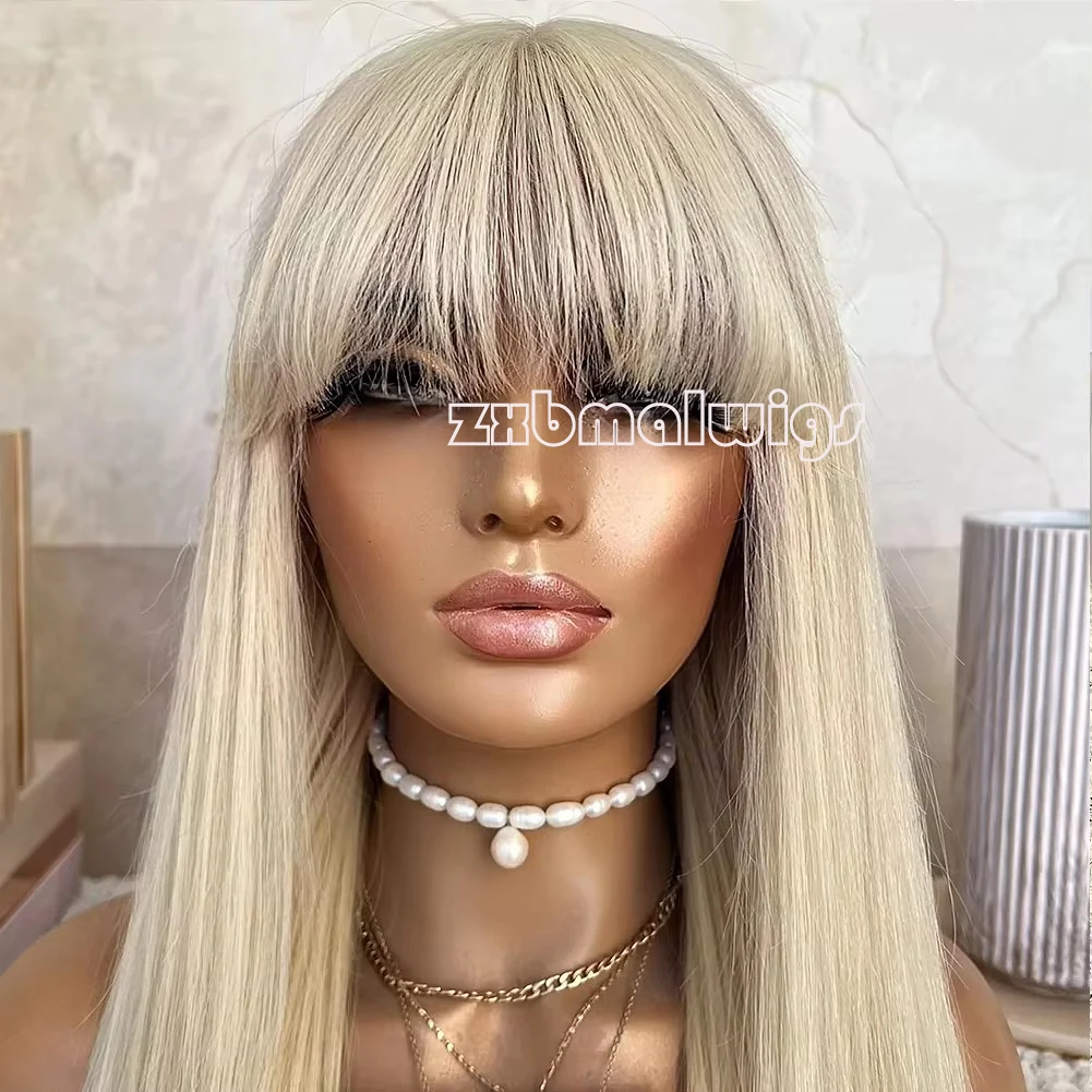 Synthetic Hair Blonde Straight Bangs Fringe Lace Front Wig For Women Glueless Preplucked Daily Cosplay Heat Resistant Fiber