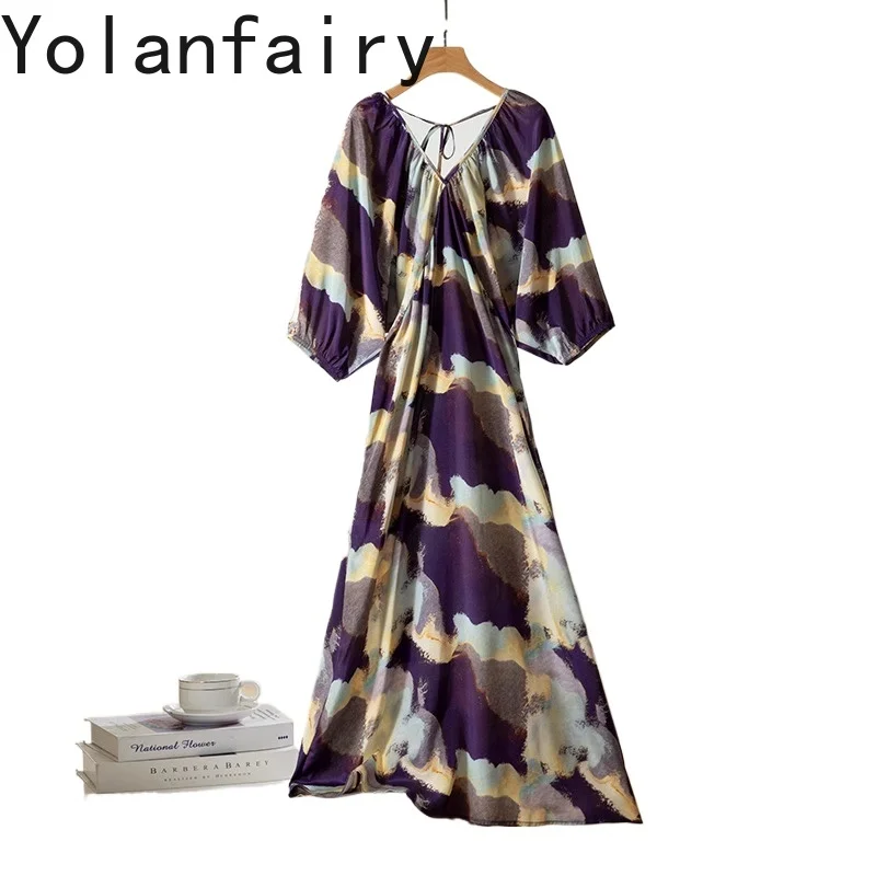 

YOLANFAIRY 100% Real Mulberry Silk Dress for Woman Elegant Summer Double V-neck Loose Ladies Dresses Lantern Sleeve Women Dress