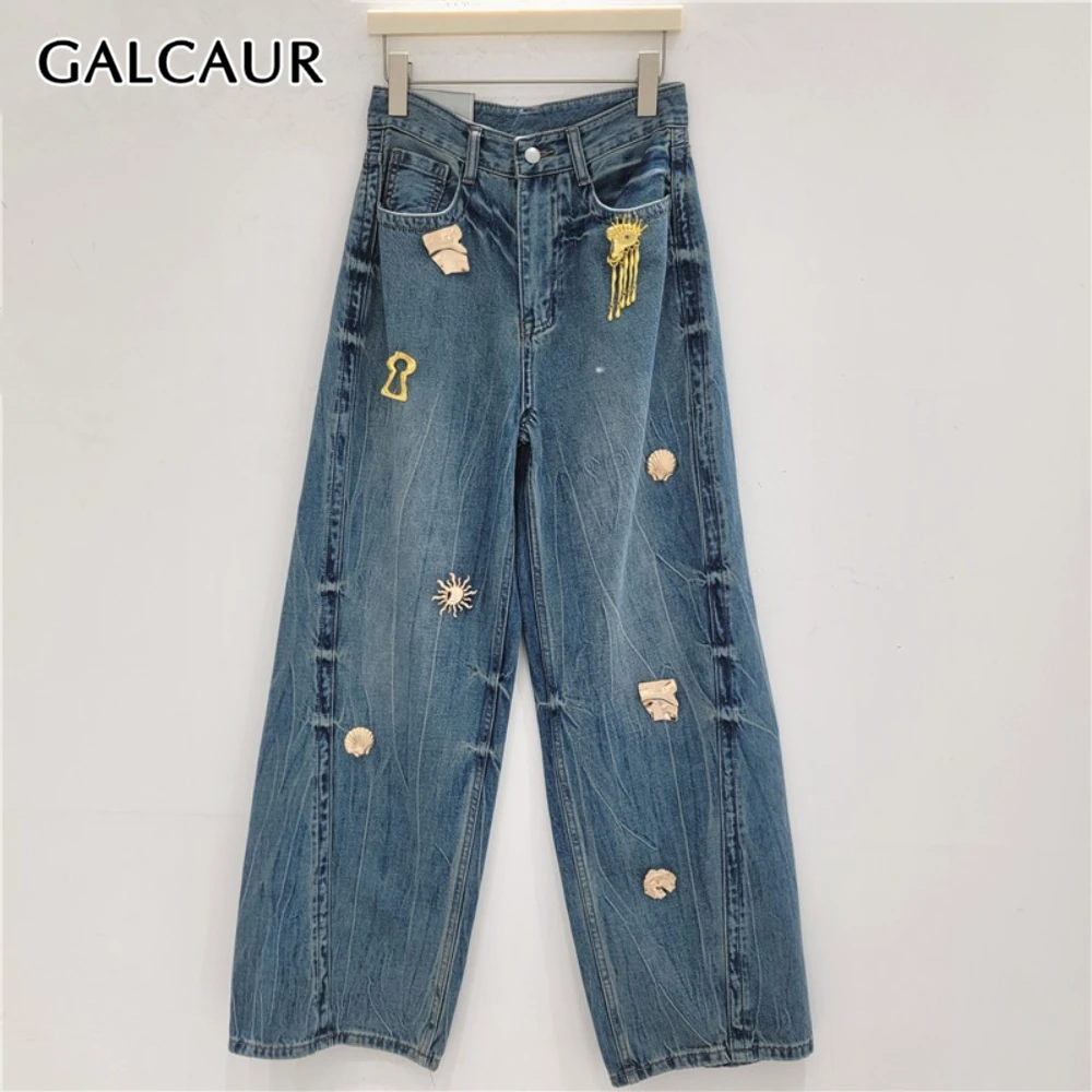 

Брюки GALCAUR синие с металлическим декором, женские, с высокой талией, свободные, в уличном стиле, корейские, прямые, осенняя мода