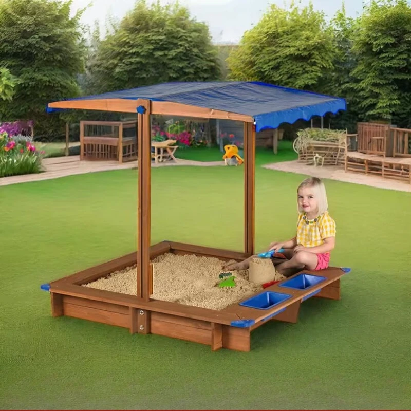 Square Sandpit For Kids With Red Roof DIY Assemble Wooden Playhouse Backyard Sand Box Toy With Sun Shade Canopy