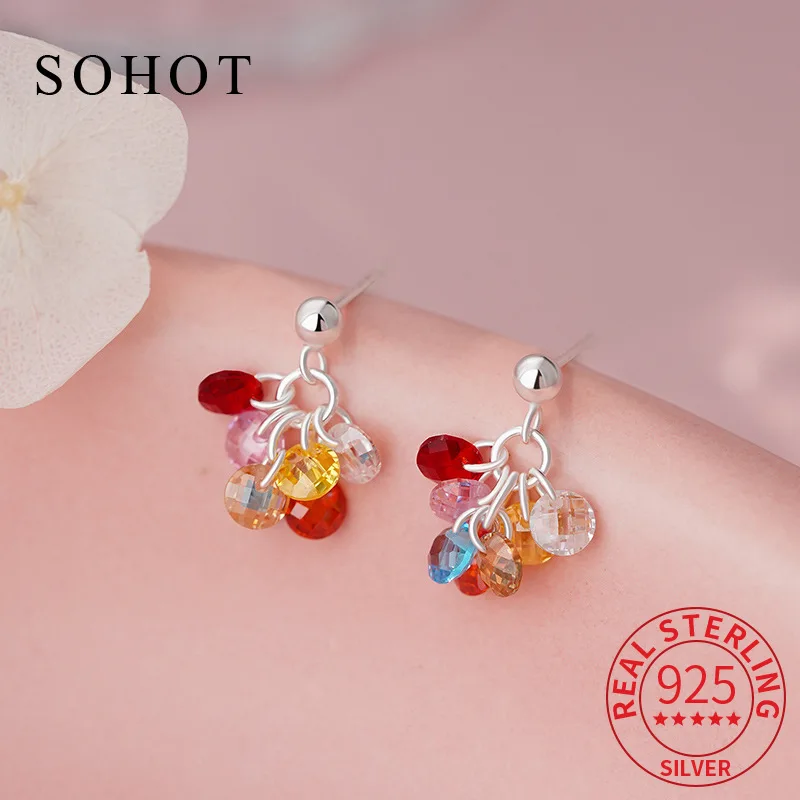 

Real 925 Sterling Silver Colorful Zircon Grape String Stud Earrings for Fashion Women Cute Fine Jewelry Daily Accessories