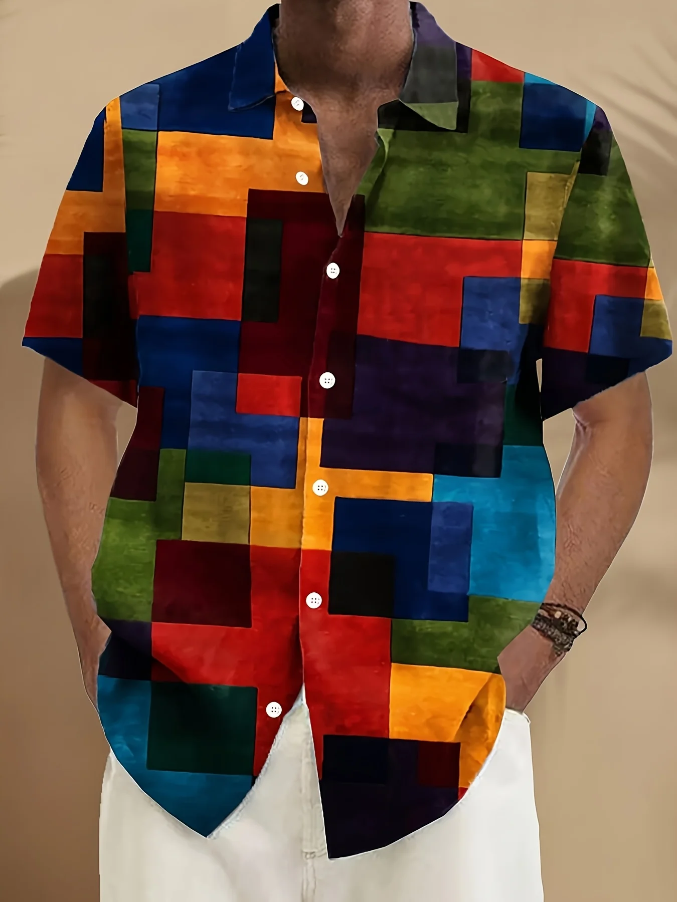Loose Fit Men Button Up Shirts Vibrant Square Mosaic Geometric All Over Print Short Sleeve Hip Hop Daily Tops Mens Clothing