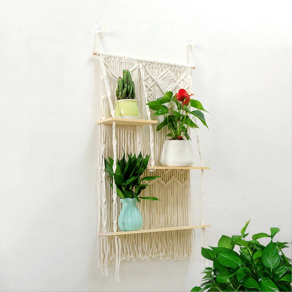 3 Tier Macrame Wall Hanging Shelf Decorative Bohemian Floating Plants Room Storage Shelving Macrame Rope For Home Storage