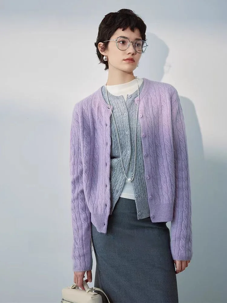 

High-End Pure Cashmere Short Sleeve Women's Knitted Sweater Cardigan Long Sleeve Twist Knitwear Coat Vintage Commute Style