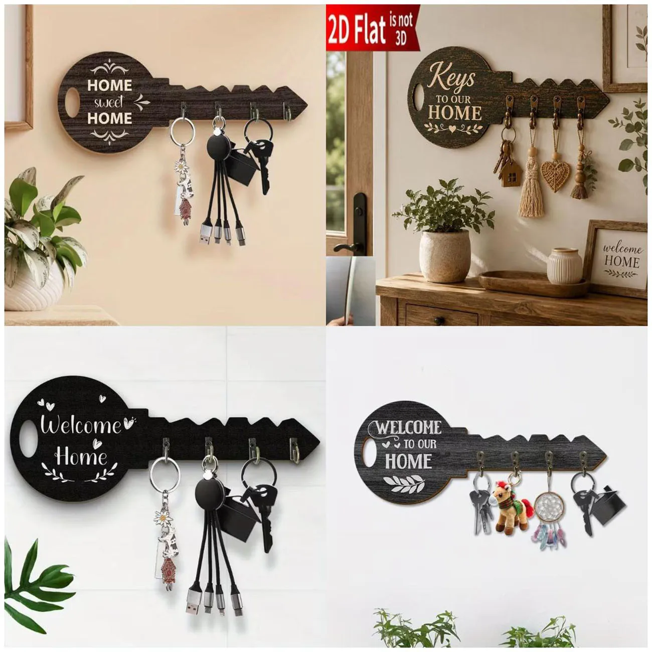 1 Wooden Multifunctional Home Key Holder, 4 Metal Hooks, 2D Graphic Design, Wall Mounted Storage Key Accessories