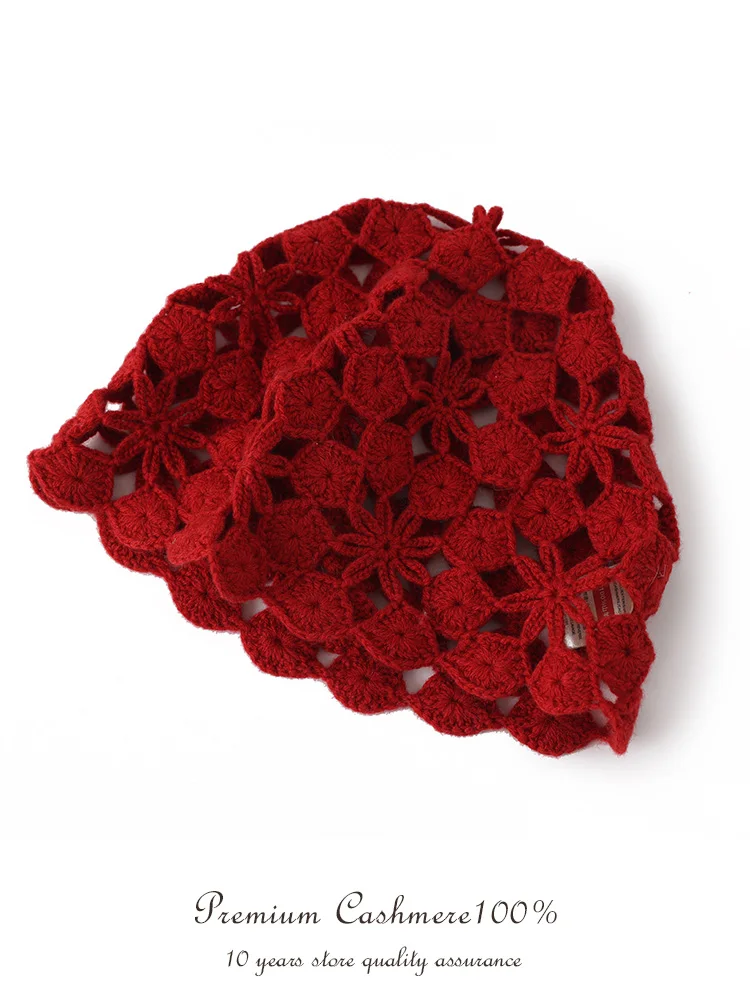 Pure Cashmere Hand Crochet Beanie Women Openwork Hat Hand Vintage Floral Lace Hat Soft Real Cashmere Elegant Lady Hollow Out Cap