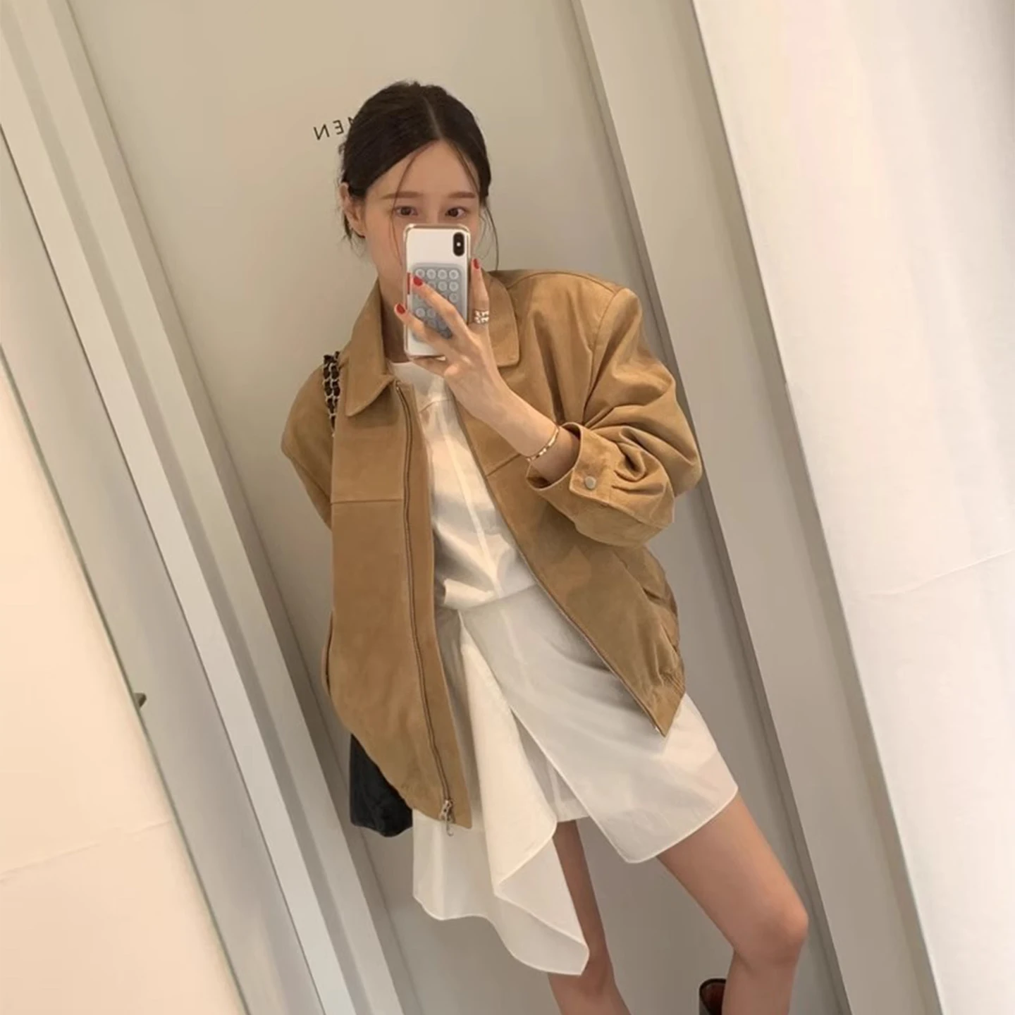 

Retro Sle Women's ort Jaet Loose Fit Flip Collar Deer Skin Velvet Summer Casual Coat Small Size Lady Top Zipper Closure