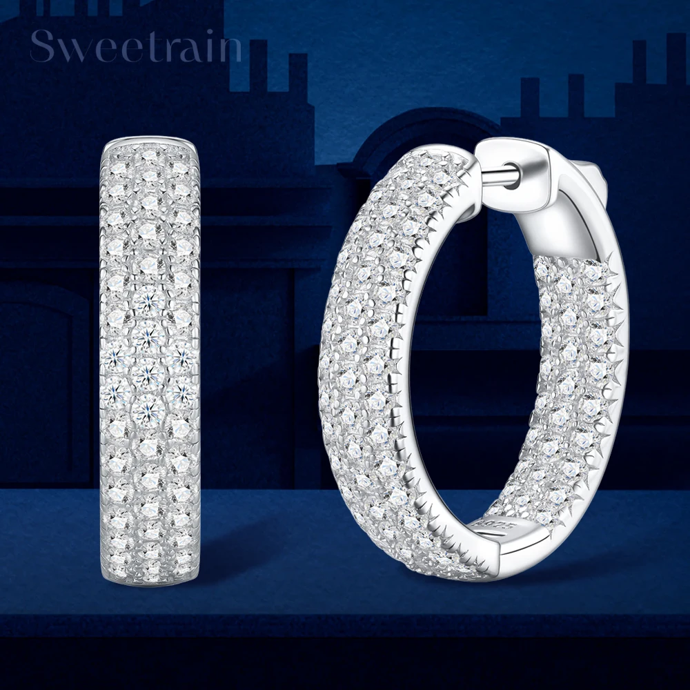 Real S925 Silver Moissanite Hoop Earrings 1.7mm All Moissanite Diamond Huggie Earrings for Women Sparking Wedding Fine Jewelry