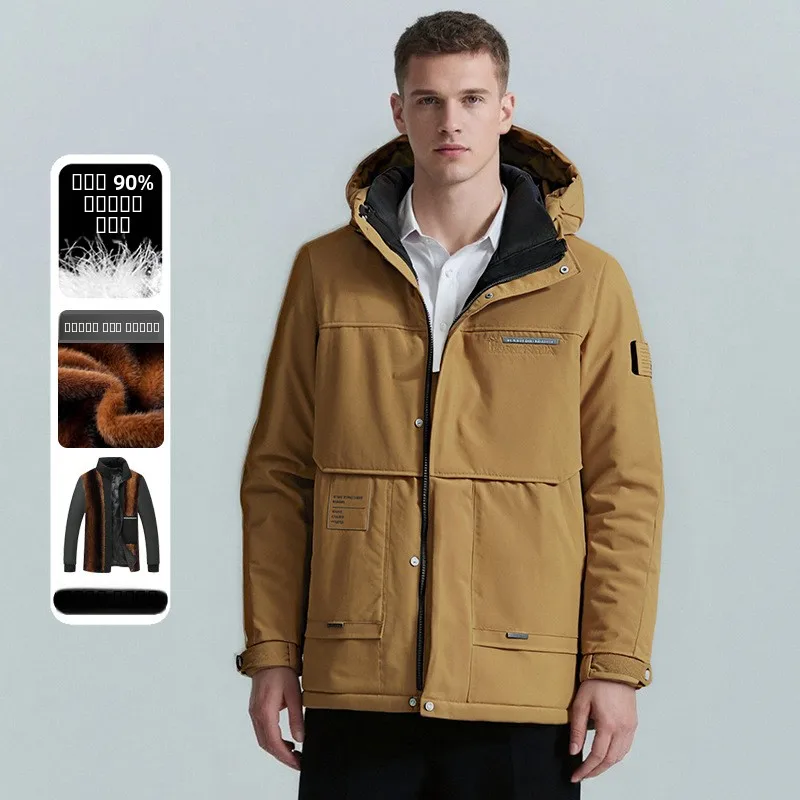 

Men's Thiened down Cotton Jaet Winter Coat Mid-Length 3D Busin Gentleman Sle Loose Fit Long Sve Stand Collar