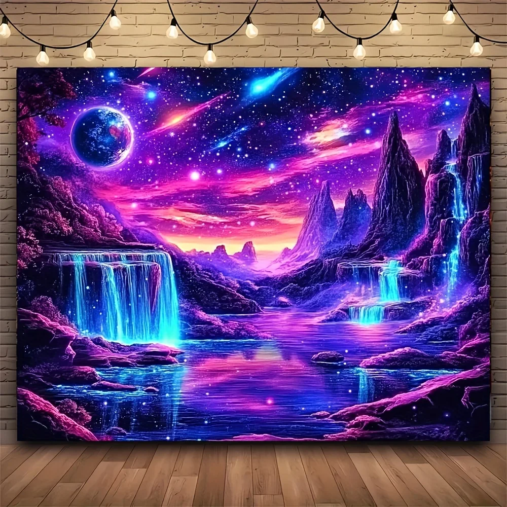 VIKAMA 1 Stück Vibrant Fantasy Mountain Waterfall Galaxy Wandteppich – Blacklight Reactive UV Glow Wandbehang, Dekor