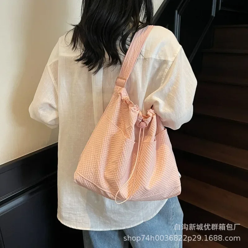 

2025 Women's Canvas Drawstring Tote Bag Lightweight Shoulder Underarm Purse Spacious Pockets for Work Office Daily Shopping