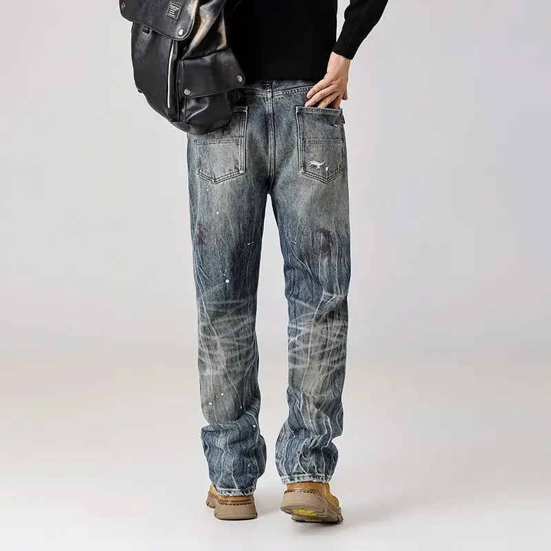 

Мужские джинсы в стиле ретро, элитный винтажный дизайн, уличная одежда, крутые и модные, длинные брюки с потертыми и рваными прямыми штанинами.