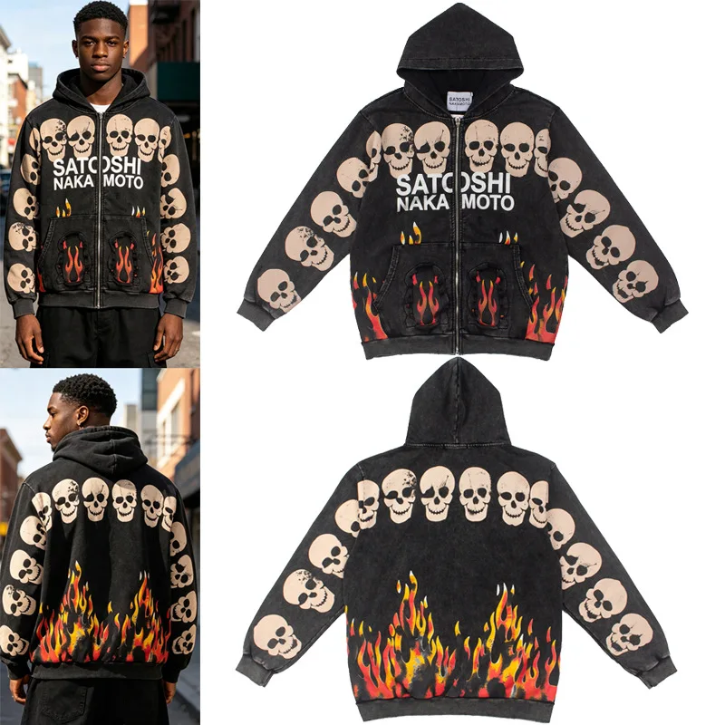 Satoshi Nakamoto street-style vintage torn and washed distressed flame-patterned skull-print zip-up hooded sweatshirt