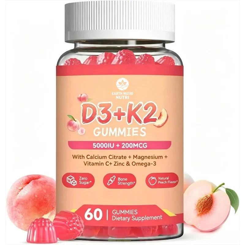 Vitamin D3 5000IU+K2 (MK-7) 200mcg, Containing Magnesium and Calcium Omega-3 for Bone, Muscle, and Tooth Immunity -60 Gummies