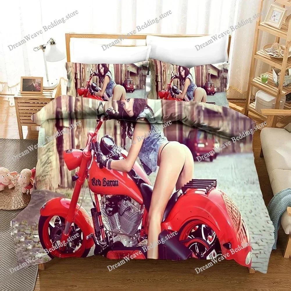 Sexy Girl Motocross Duvet Cover Extreme Sports Theme Bedding Set for Boys Teens Man Microfiber 3D Beauty Queen King Quilt Cover