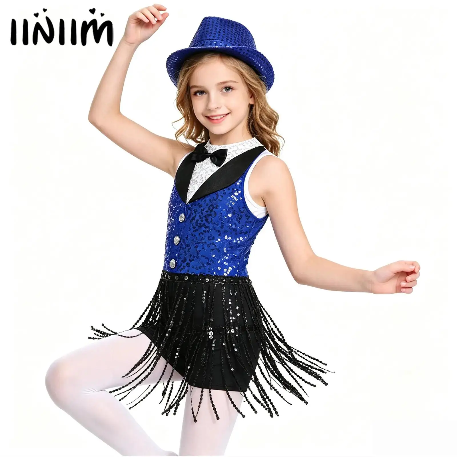 Kids Girls Hip Hop Jazz  Dance Performance Competition Costume Sleeveless Round Neck Sequin Keyhole Back Jumpsuit with Hat