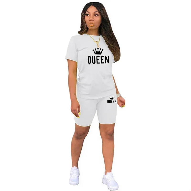 Fato de treino de 2 peças estampado rainha para mulheres, camiseta e shorts, roupas esportivas casuais, simples corrida, moda verão