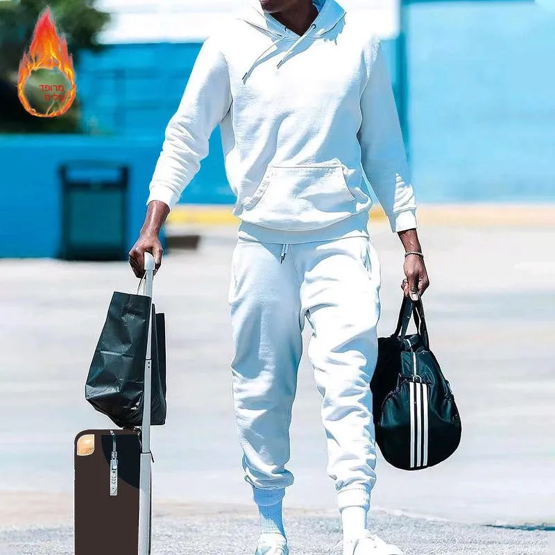

2023 Men's Hooded Fleece Lined Color Sweatshirt Set Loose Casual Long Sleeve Two Piece Suit for Autumn Comfortable Wear