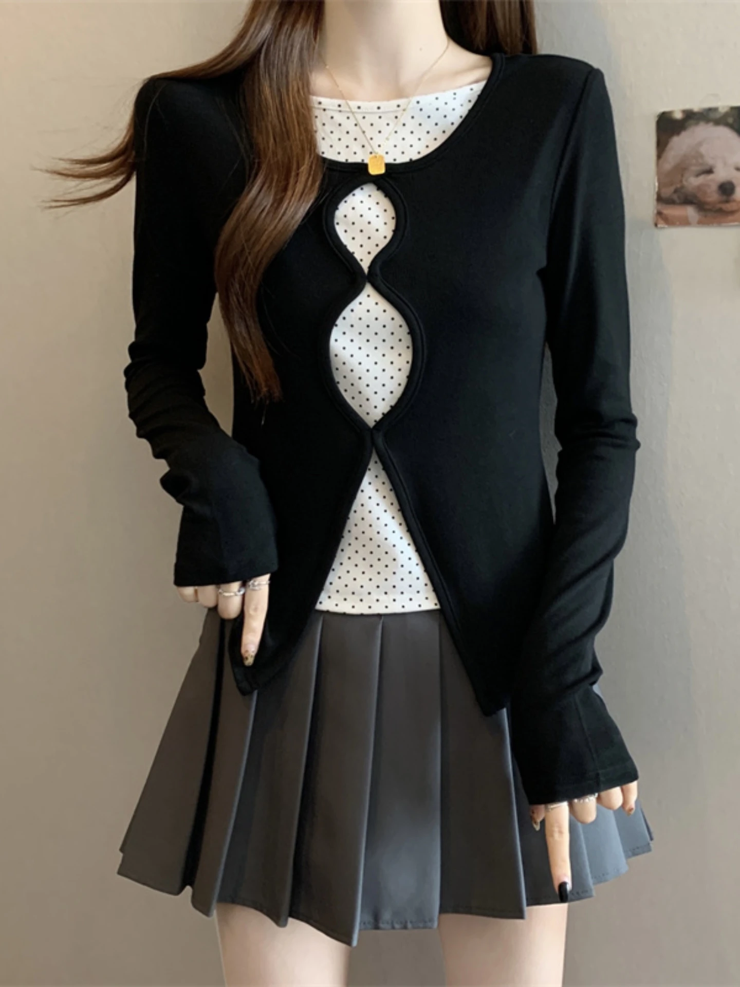 

Polka Dot Hollow out Short Sleeve T-Shirt Women's Base Shirt Spring Autumn plus Size Design Sense Short Style Korean Version