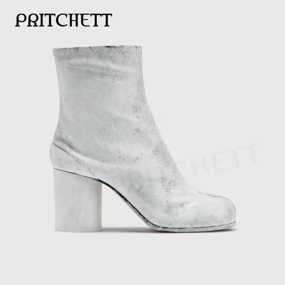 White Bianchetto Tabi Nude Boots Round Heel High Heel Slip On Solid Color Simple Design Short Boots Fashion Women's Boots