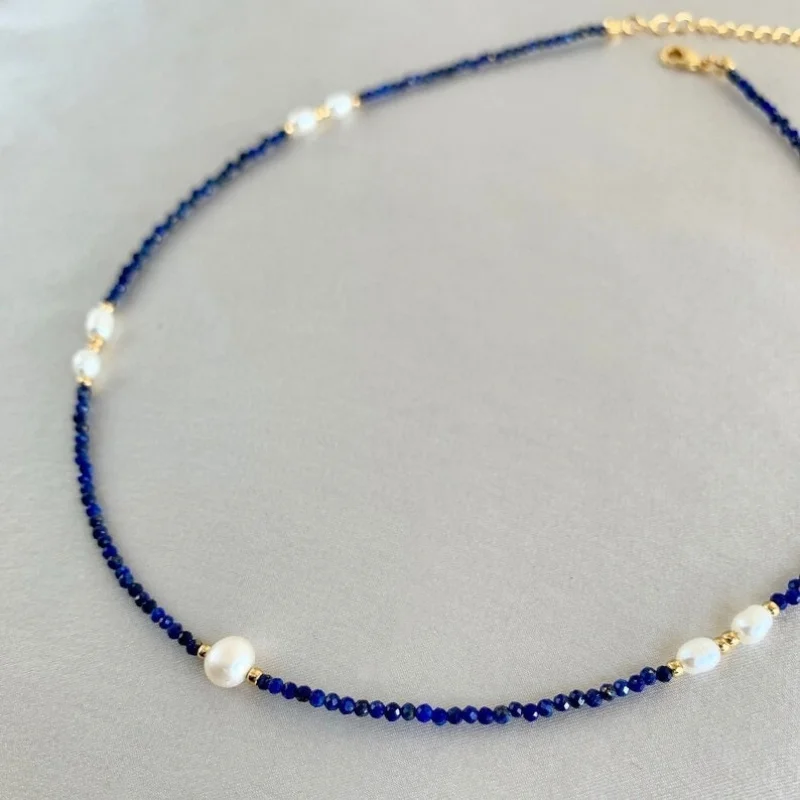 

Natural Lapis lazuli & Pearl Faceted Round Gemstone Beads Choker Necklaces 18''