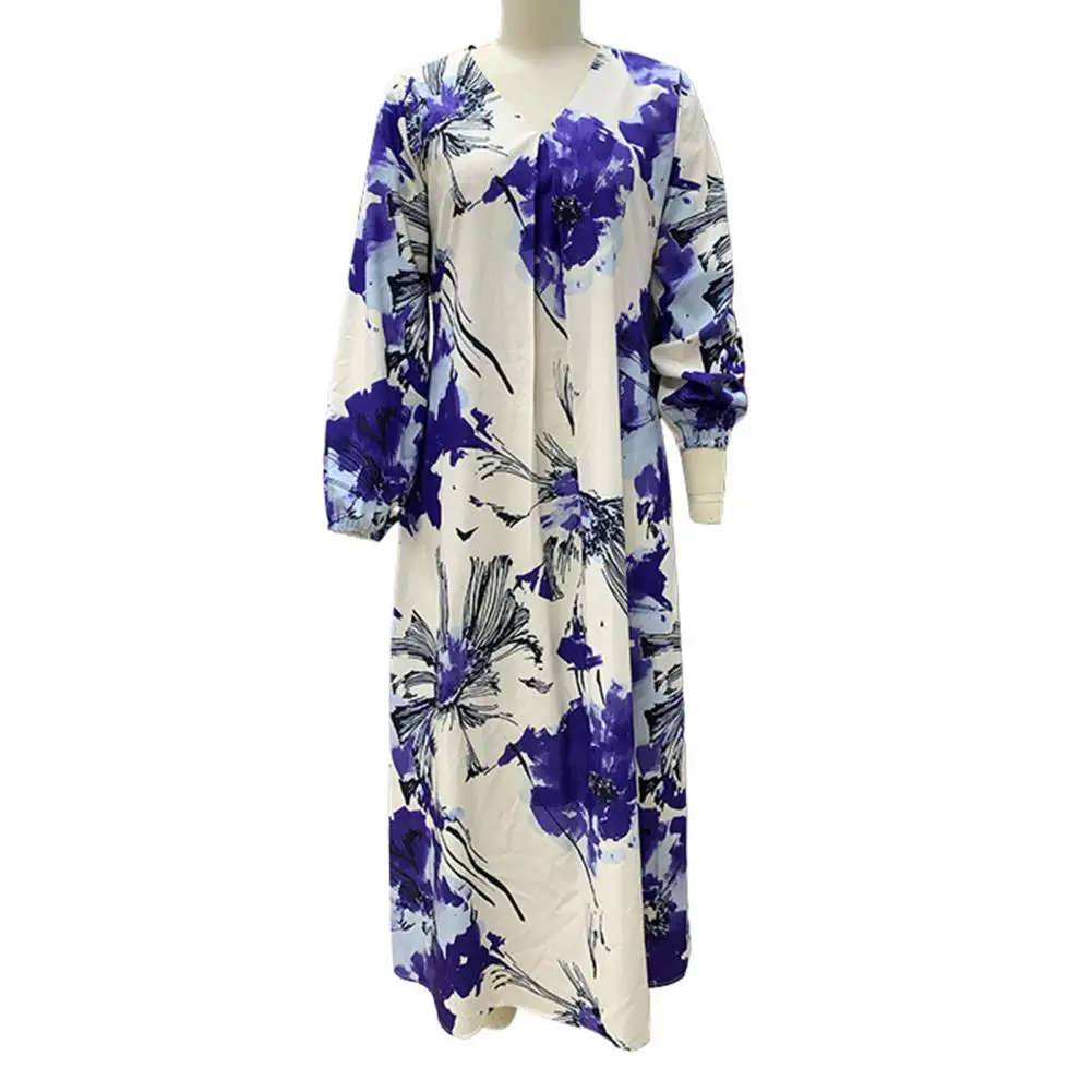 

Women V-neck Printed Dress Stylish V Neck Midi Dress for Women Long Sleeves Contrast Color Printing for Summer Fall Parties