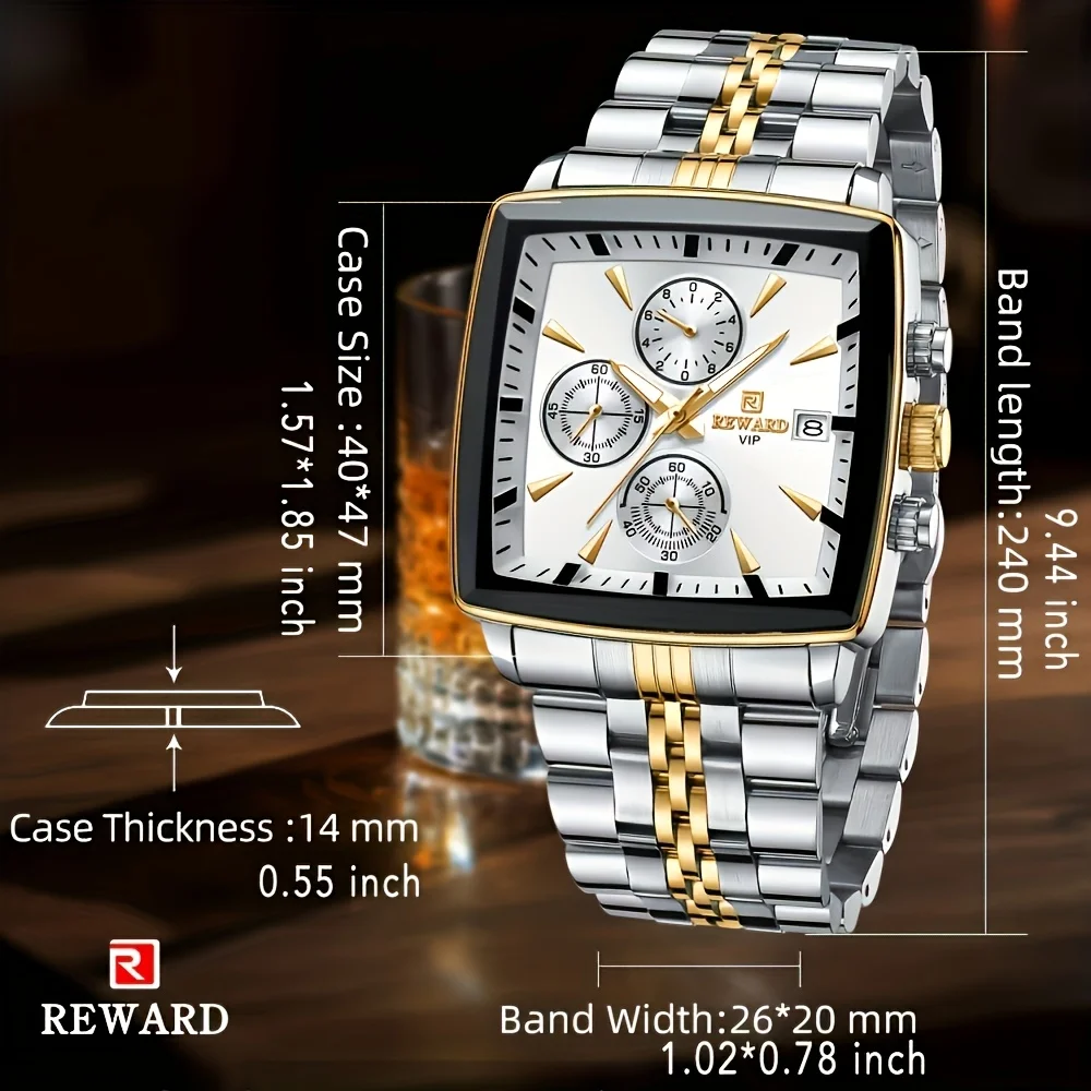 REWARD 81100M Luxury Steel Strip Quartz Men's Watch Square Waterproof Calendar Chronograph Luminous Watches for Men Reloj Hombre